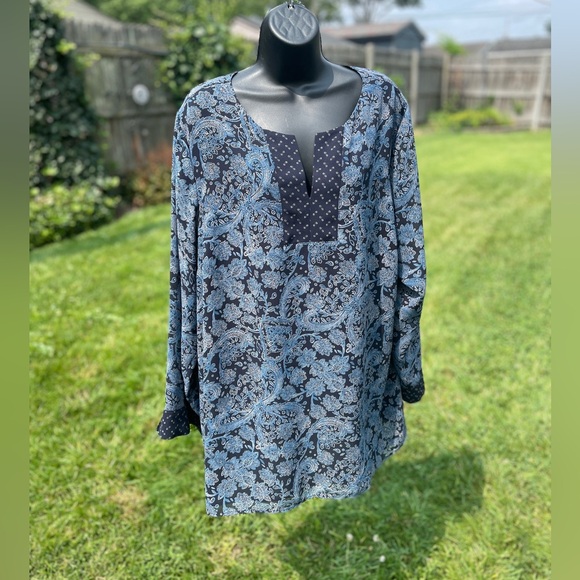 Avenue womens long sleeve paisley blouse v neck boho split hem size 22/24 blue - Picture 1 of 11